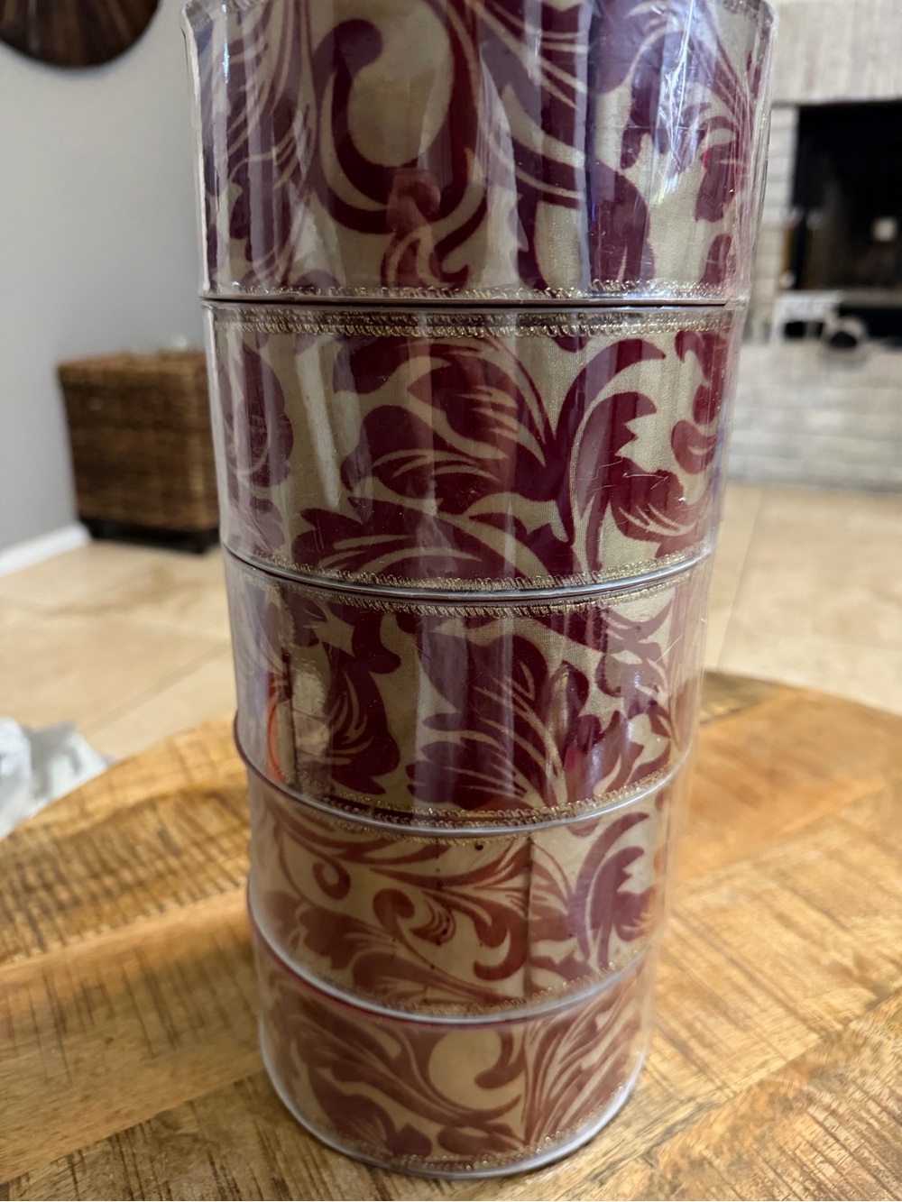 5 Rolls Burgundy Gold Damask Wired Ribbon 2.5” x 250 Yards Christmas Holiday